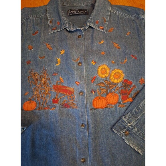 Vintage Karen Scott Denim Button Up Top Womens 1X Autumn Fall Embroidered Shirt - Picture 2 of 16